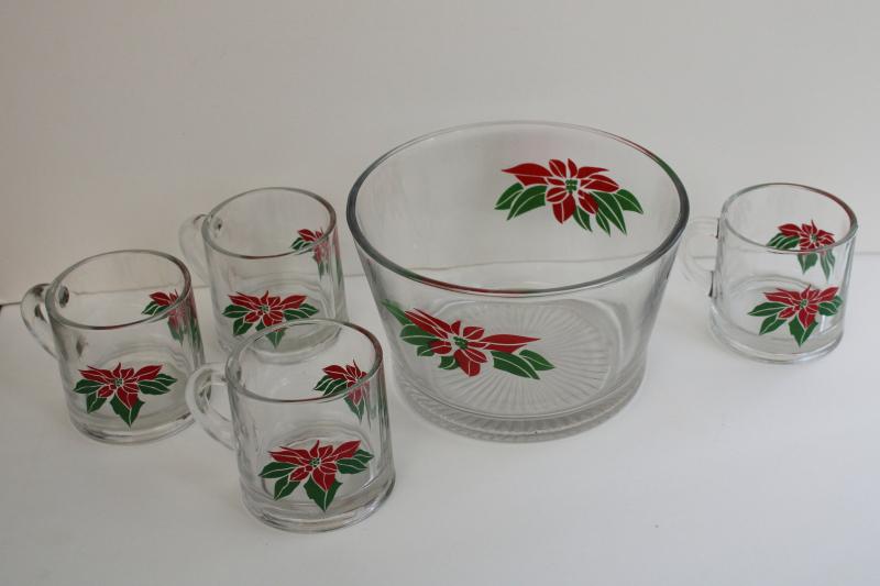 photo of vintage Indiana glass Christmas poinsettia snack bowl & cocoa mugs, or punch set #1