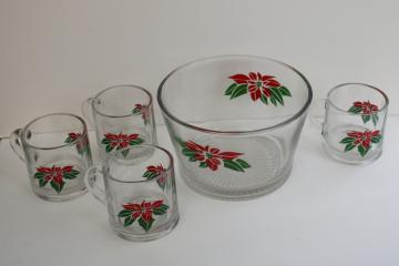 catalog photo of vintage Indiana glass Christmas poinsettia snack bowl & cocoa mugs, or punch set