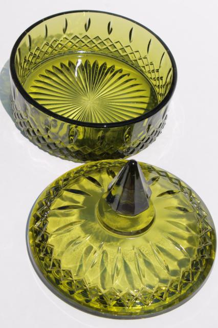 photo of vintage Indiana glass Princess candy dish, retro avocado green glassware #5