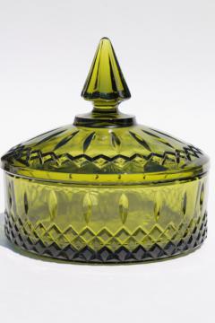 catalog photo of vintage Indiana glass Princess candy dish, retro avocado green glassware