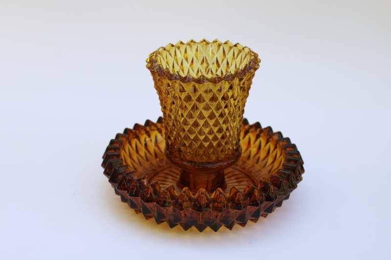 photo of vintage Indiana glass amber diamond point votive candle holder peg light w/ saucer  #1