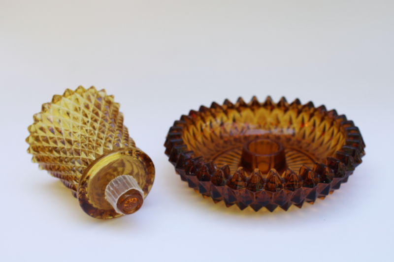 photo of vintage Indiana glass amber diamond point votive candle holder peg light w/ saucer  #3