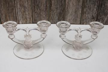 catalog photo of vintage Indiana glass block & rib pattern crystal clear double light candlesticks pair