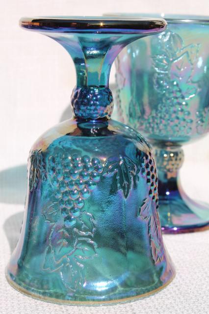 photo of vintage Indiana glass blue carnival iridescent luster wine glasses, harvest grapes goblets #3
