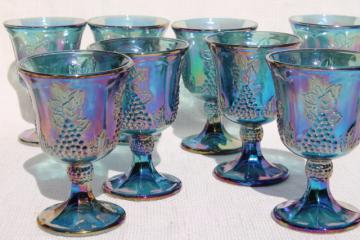 catalog photo of vintage Indiana glass blue carnival iridescent luster wine glasses, harvest grapes goblets