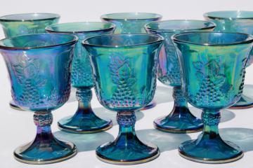 catalog photo of vintage Indiana glass blue carnival iridescent luster wine glasses, harvest grapes goblets