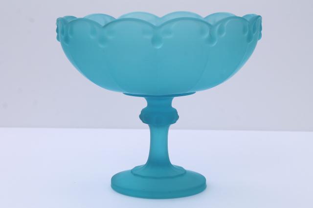 photo of vintage Indiana glass blue mist frosted satin glass compote, tall fruit or flowers bowl #1