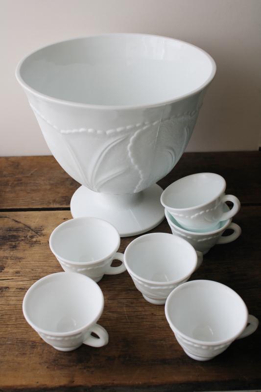 photo of vintage Indiana glass cabbage leaf pebble textured milk glass punch bowl & cups set #1