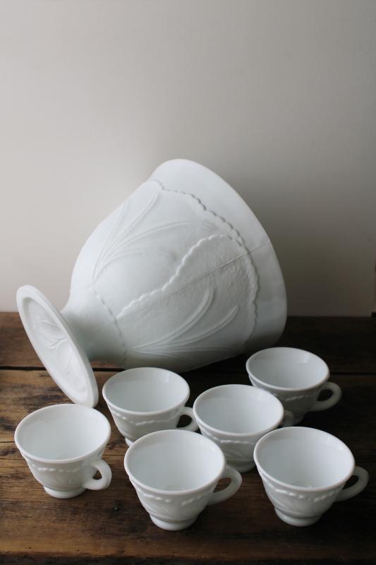 photo of vintage Indiana glass cabbage leaf pebble textured milk glass punch bowl & cups set #2