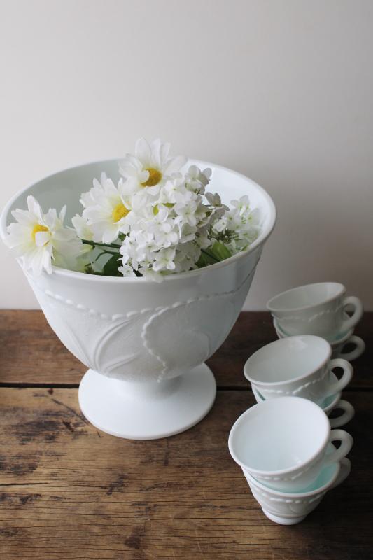 photo of vintage Indiana glass cabbage leaf pebble textured milk glass punch bowl & cups set #5