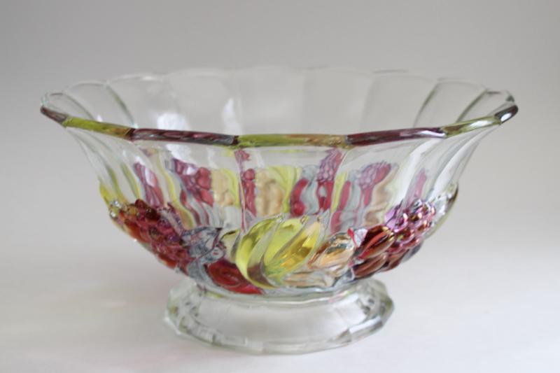 photo of vintage Indiana glass clear bowl w/ colored luster banana fruit garland pattern #1