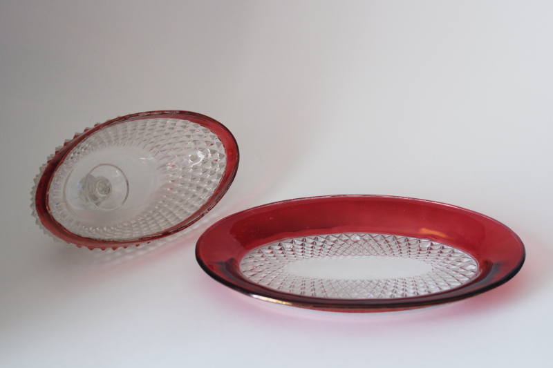 photo of vintage Indiana glass diamond point ruby band oval butter dish, plate w/ cover #2