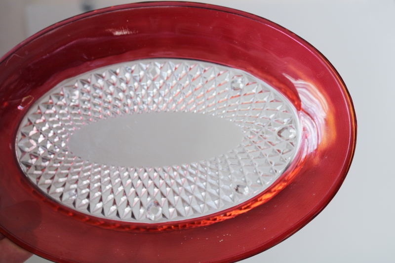 photo of vintage Indiana glass diamond point ruby band oval butter dish, plate w/ cover #4