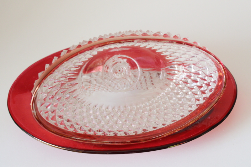 photo of vintage Indiana glass diamond point ruby band oval butter dish, plate w/ cover #5