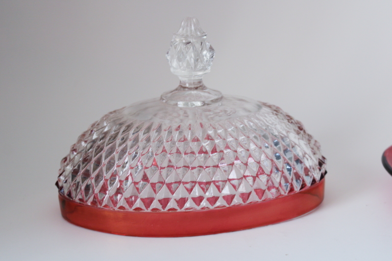 photo of vintage Indiana glass diamond point ruby band oval butter dish, plate w/ cover #6