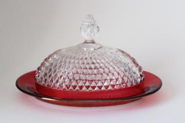 catalog photo of vintage Indiana glass diamond point ruby band oval butter dish, plate w/ cover