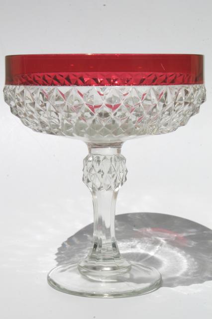photo of vintage Indiana glass diamond point ruby stain flashed color band compote bowl #1