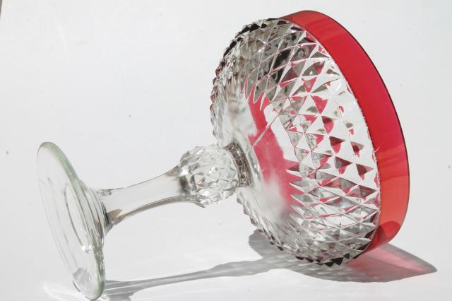 photo of vintage Indiana glass diamond point ruby stain flashed color band compote bowl #6