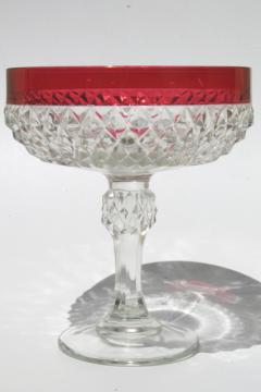 catalog photo of vintage Indiana glass diamond point ruby stain flashed color band compote bowl