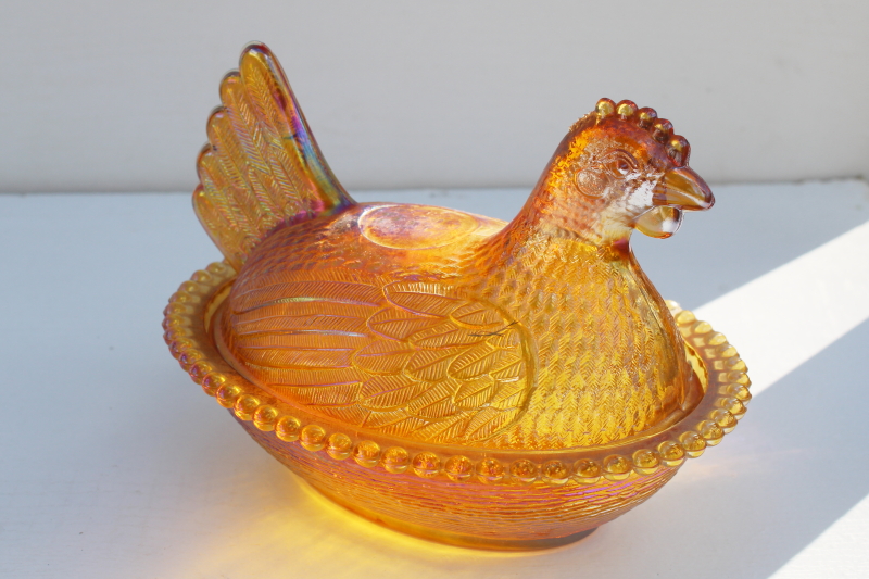 photo of vintage Indiana glass hen on nest covered dish, amber carnival glass iridescent luster  #2