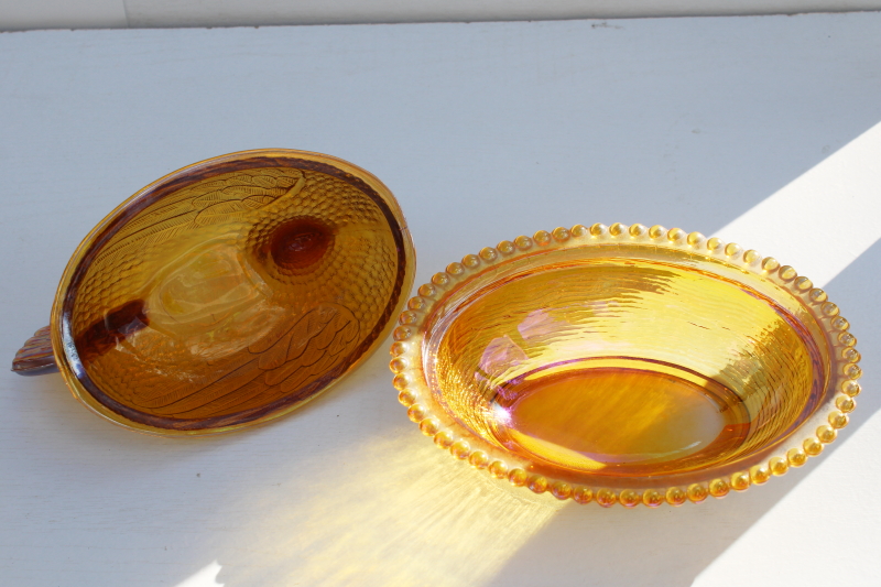 photo of vintage Indiana glass hen on nest covered dish, amber carnival glass iridescent luster  #3