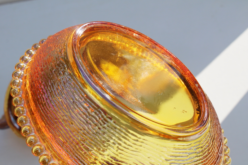 photo of vintage Indiana glass hen on nest covered dish, amber carnival glass iridescent luster  #4