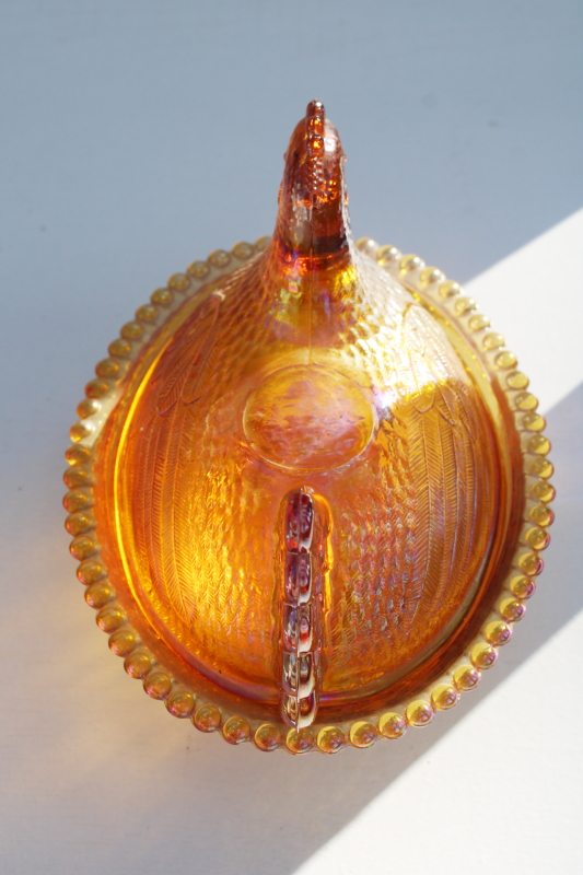 photo of vintage Indiana glass hen on nest covered dish, amber carnival glass iridescent luster  #5