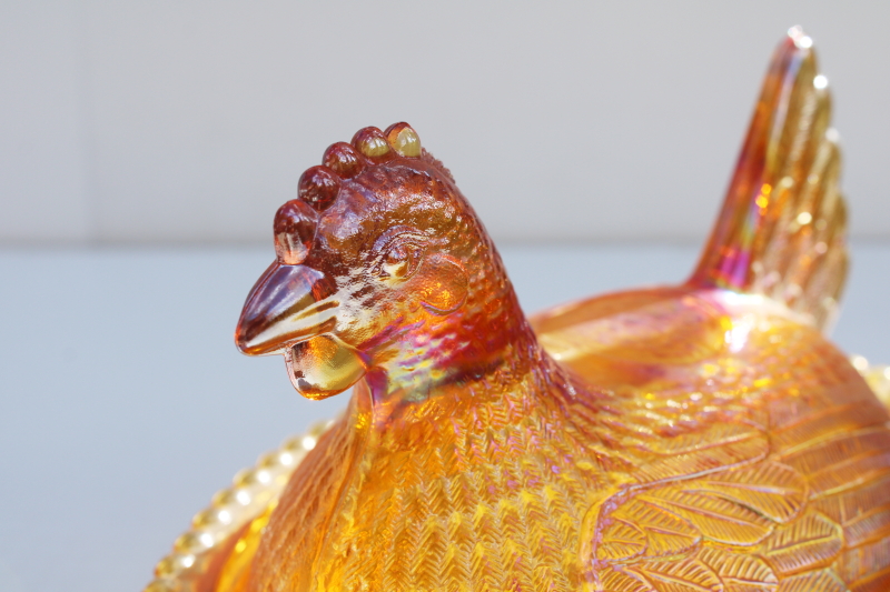 photo of vintage Indiana glass hen on nest covered dish, amber carnival glass iridescent luster  #6