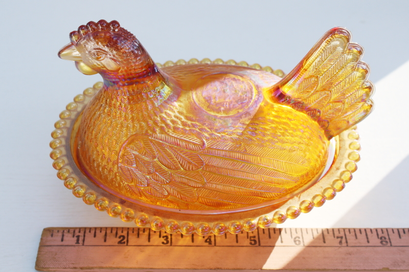 photo of vintage Indiana glass hen on nest covered dish, amber carnival glass iridescent luster  #7