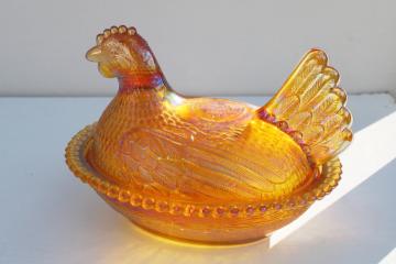 vintage Indiana glass hen on nest covered dish, amber carnival glass iridescent luster 