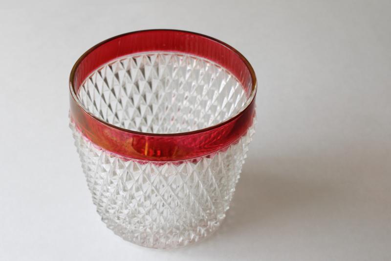 photo of vintage Indiana glass ice bucket, ruby stain band diamond point pattern glass #1