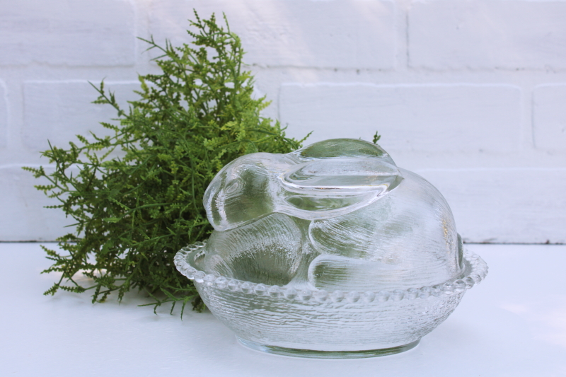 photo of vintage Indiana glass rabbit on nest, clear glass Easter bunny candy dish #1