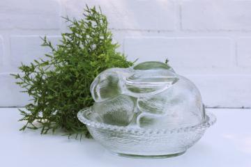 catalog photo of vintage Indiana glass rabbit on nest, clear glass Easter bunny candy dish