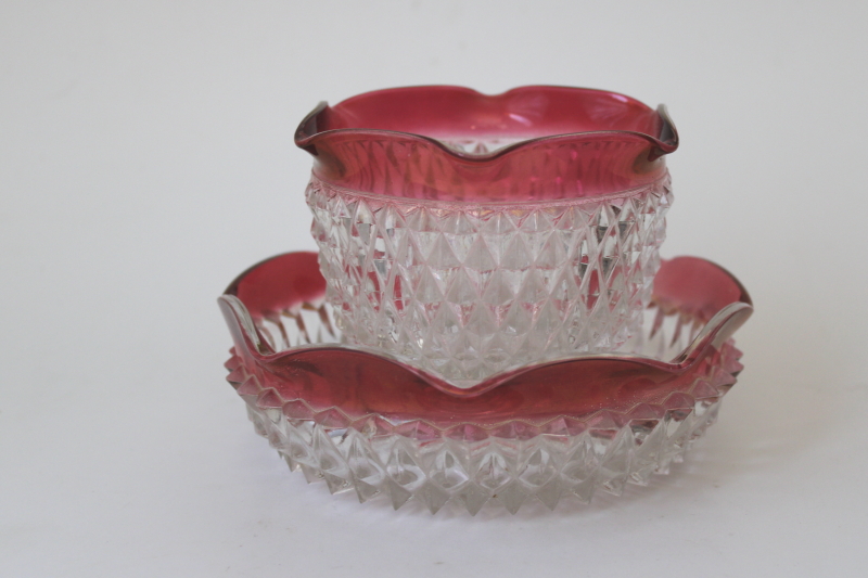 photo of vintage Indiana glass ruby band diamond point mayo or sauce bowl & dish, mayonnaise set #1