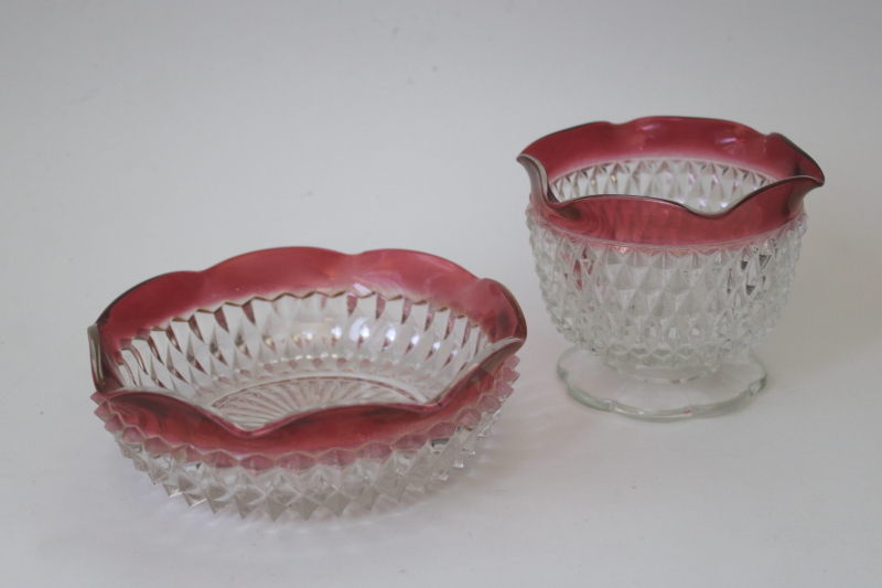 photo of vintage Indiana glass ruby band diamond point mayo or sauce bowl & dish, mayonnaise set #2