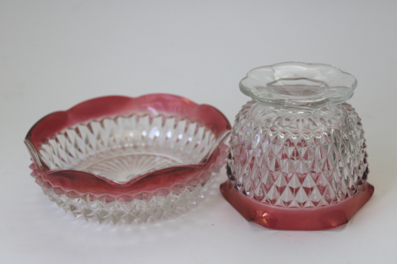 photo of vintage Indiana glass ruby band diamond point mayo or sauce bowl & dish, mayonnaise set #4