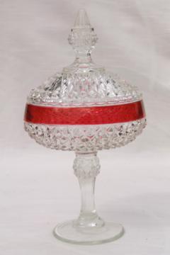 catalog photo of vintage Indiana glass ruby band diamond point pattern pressed glass compote candy dish