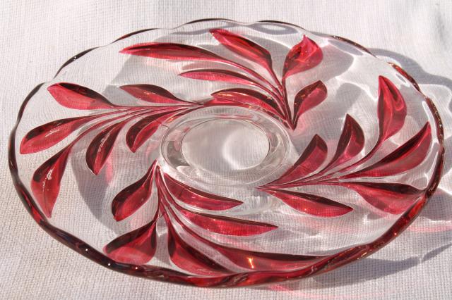 photo of vintage Indiana glass ruby red flash cake plate, oleander willow pattern #1