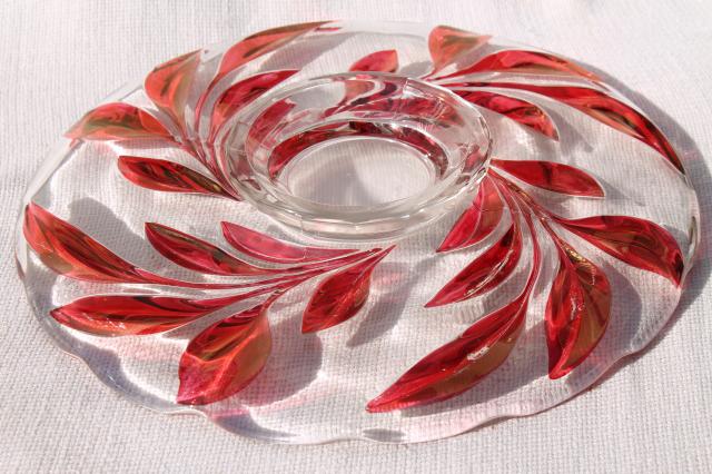 photo of vintage Indiana glass ruby red flash cake plate, oleander willow pattern #5