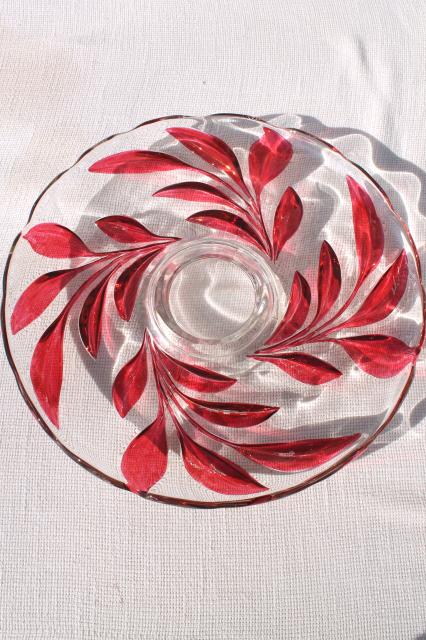 photo of vintage Indiana glass ruby red flash cake plate, oleander willow pattern #8