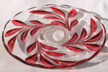 catalog photo of vintage Indiana glass ruby red flash cake plate, oleander willow pattern