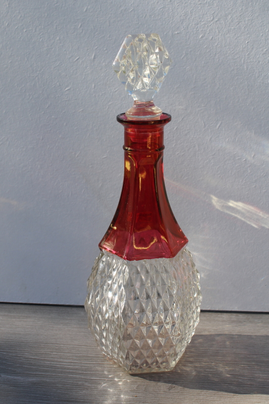 photo of vintage Indiana glass ruby stain crystal clear diamond point decanter bottle w/ stopper #1