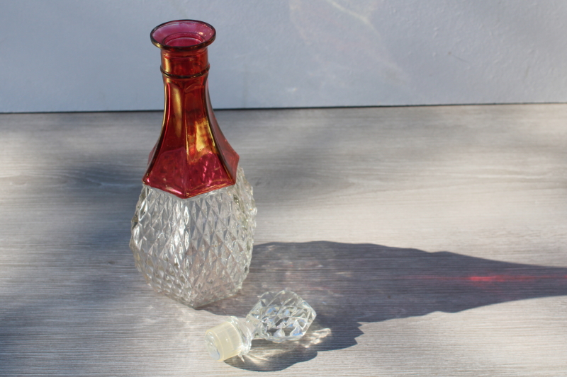 photo of vintage Indiana glass ruby stain crystal clear diamond point decanter bottle w/ stopper #2