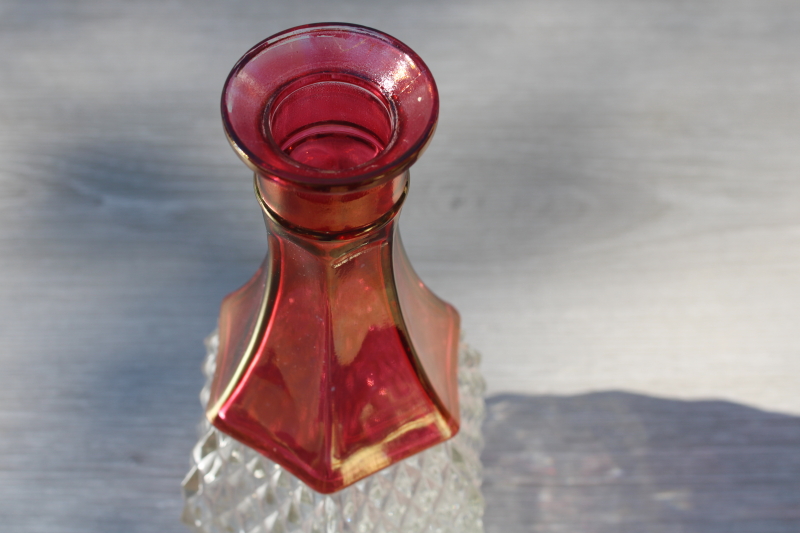 photo of vintage Indiana glass ruby stain crystal clear diamond point decanter bottle w/ stopper #3