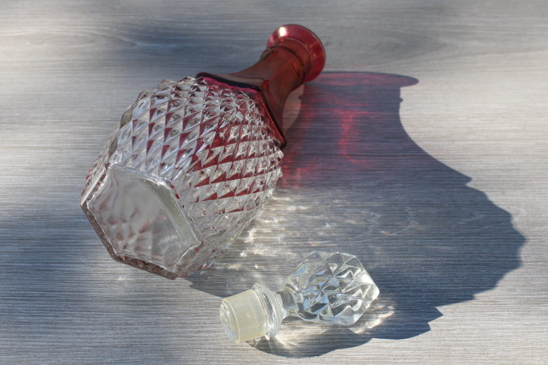 photo of vintage Indiana glass ruby stain crystal clear diamond point decanter bottle w/ stopper #4