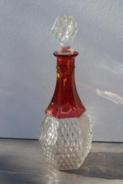 catalog photo of vintage Indiana glass ruby stain crystal clear diamond point decanter bottle w/ stopper