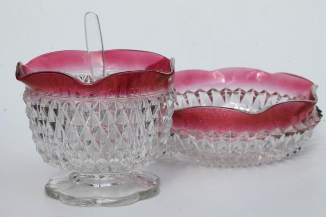 photo of vintage Indiana glass ruby stain diamond point mayonnaise dish, bowl sauce ladle set #2