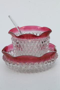 catalog photo of vintage Indiana glass ruby stain diamond point mayonnaise dish, bowl sauce ladle set