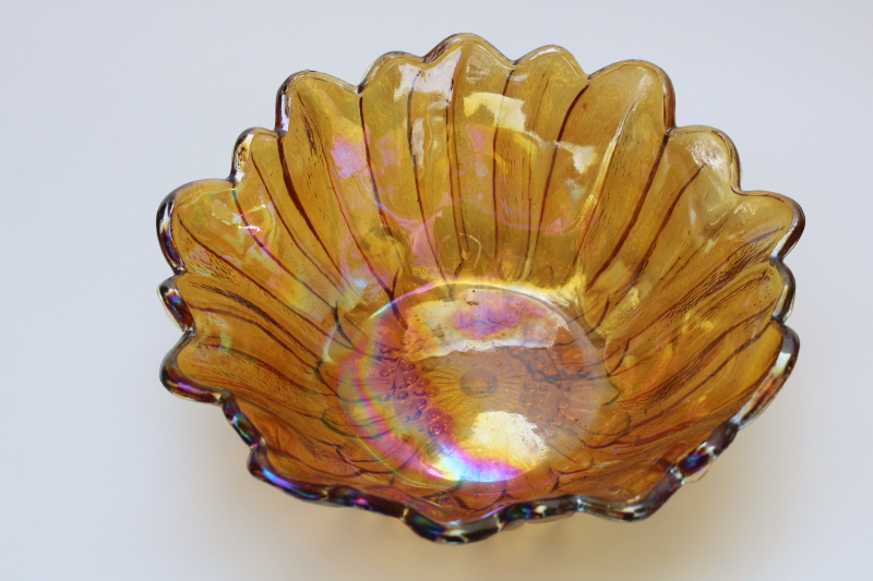 photo of vintage Indiana glass sunflower bowl, marigold orange carnival glass iridescent luster #1