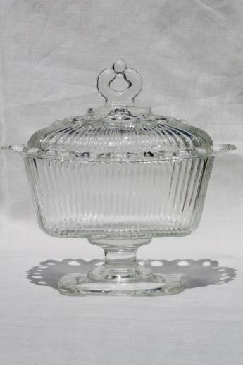 photo of vintage Indiana glass wedding box candy dish, open lace edge pattern glass #1